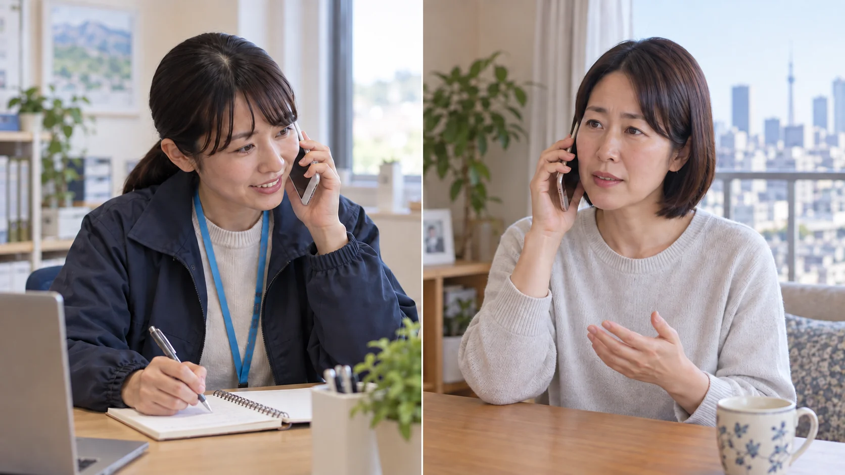 鹿沼の事務所にいる支援担当者へ東京の娘が電話で相談する様子