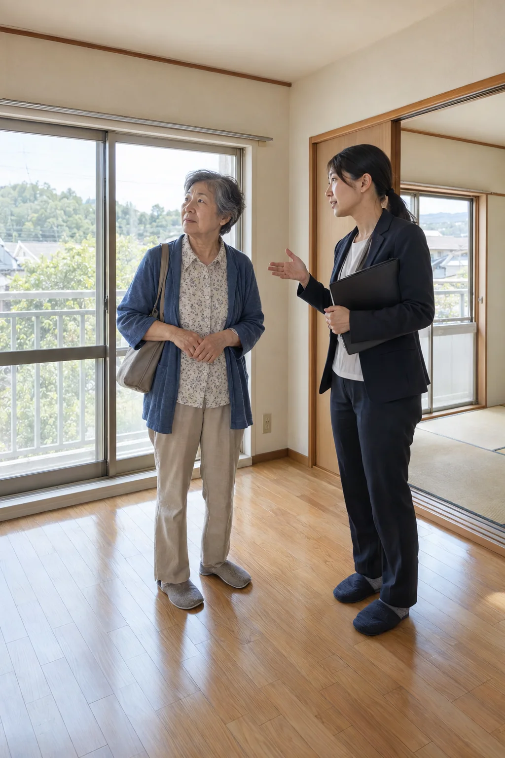 住まいの内見をしながら相談する様子