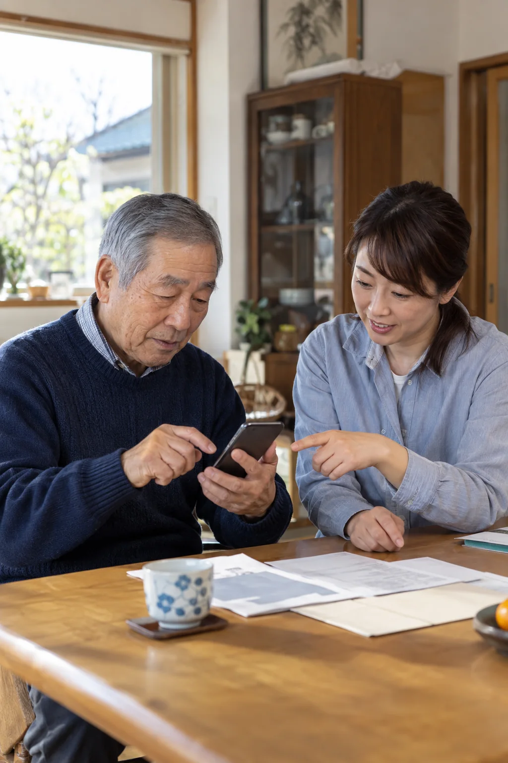 スマートフォンの使い方を一緒に確認する様子