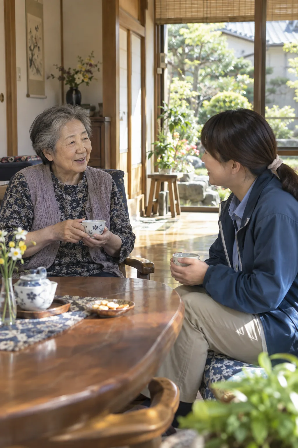 自宅で地域スタッフと穏やかに話す様子