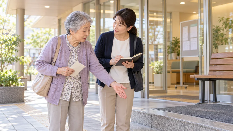 病院の入口で段差や外出時の負担について高齢女性の話を聞く付き添いスタッフのイメージ