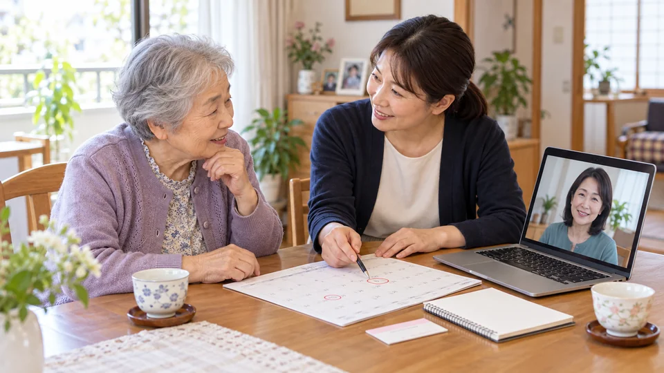 通院の予定と見守りの組み合わせをご本人・ご家族と確認するイメージ