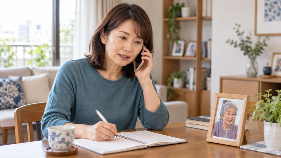 離れて暮らす親の様子について電話で相談する娘のイメージ