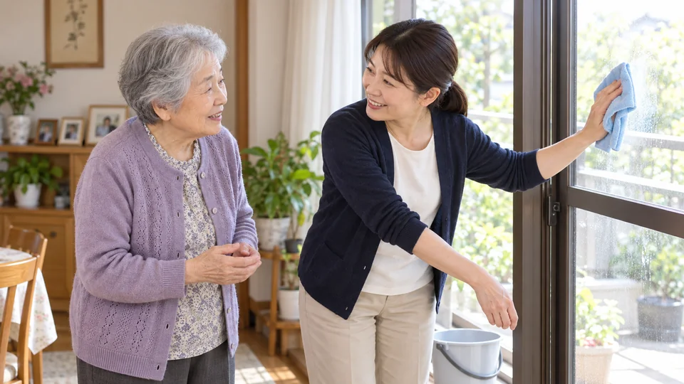 窓拭きを手伝いながら高齢女性の日々の様子を聞く訪問スタッフのイメージ