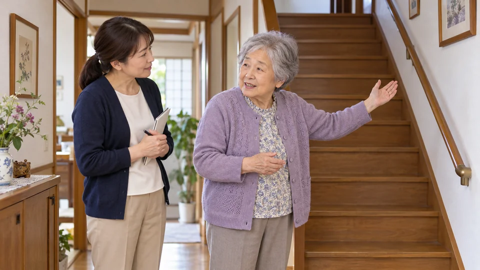 自宅の階段の負担と住み替えの希望を相談する高齢女性とスタッフのイメージ