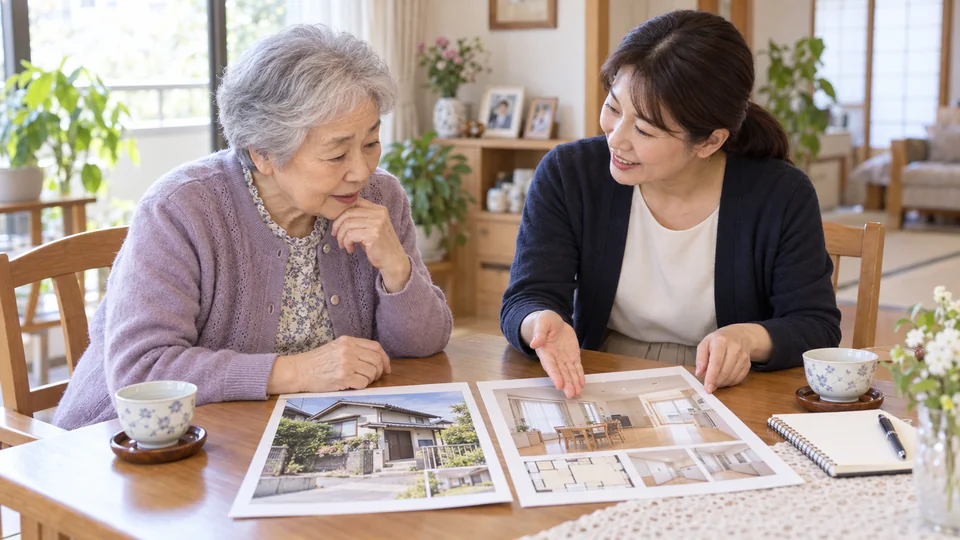 今の家で暮らす案と住み替えの案を資料で比較するイメージ